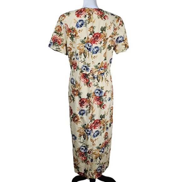 VTG 90s Talbots Floral Linen Blend Dress 14P Midi Button Up Prairie Cottagecore - Picture 3 of 12